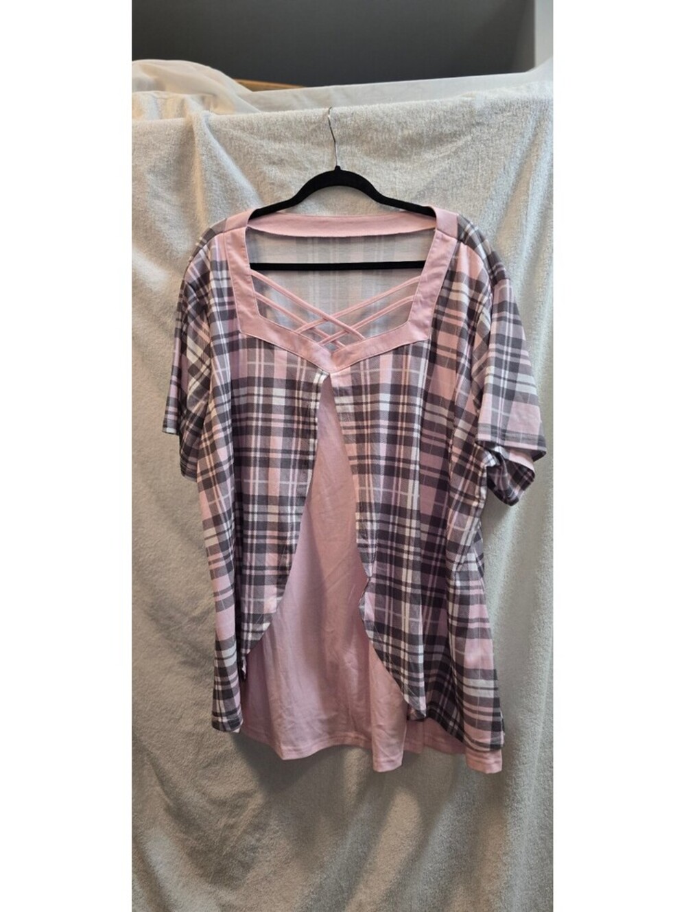 Sz 22-24 Womens Pink plaid layered short sleeve top